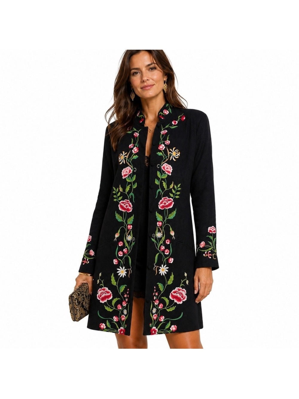 Victor Costa Black Longline Blazer with Pink & Green Floral Embroidery